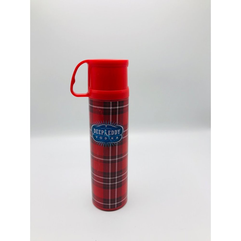 Austin’s original Deep Eddy Vodka red plaid 8 oz. thermos bottle with cup.